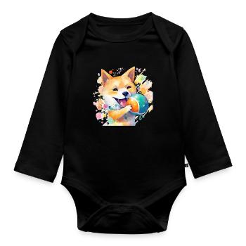 Aquarelle colorée du chien japonais Shiba Inu avec - Body Bébé bio manches longues - noir - Devant