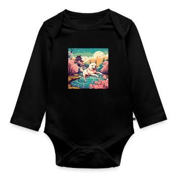 Japanese dog Shiba Inu cherry blossoms Japan - Organic Longsleeve Baby Bodysuit - black - Front