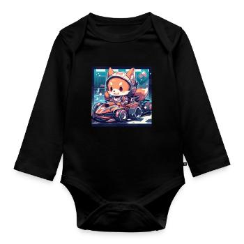 Japanese dog Shiba Inu with helmet and racing car - Organic Longsleeve Baby Bodysuit - black - Front