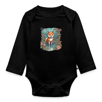 Japanese dog Shiba Inu water pond bamboo - Organic Longsleeve Baby Bodysuit - black - Front