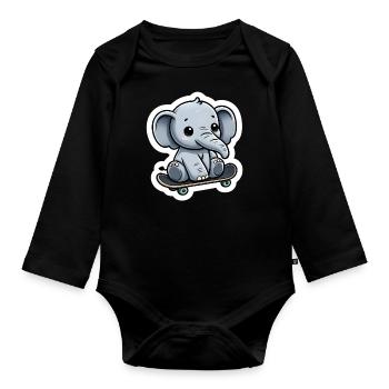 Cute baby elephant with skateboard Elephant mom - Organic Longsleeve Baby Bodysuit - black - Front