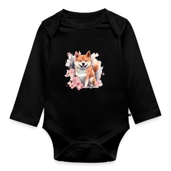 Japanese dog Shiba Inu cherry blossom watercolor - Organic Longsleeve Baby Bodysuit - black - Front