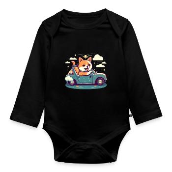 Hund Shiba Inu auf Reise mit Auto in der Nacht - Baby Bio-Langarm-Body - Schwarz - Vorne