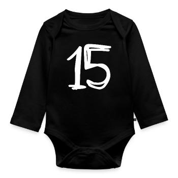 15 YEARS. 15th ANNIVERSARY. BIRTHDAY 15 YEARS. 15 - Organic Longsleeve Baby Bodysuit - black - Front