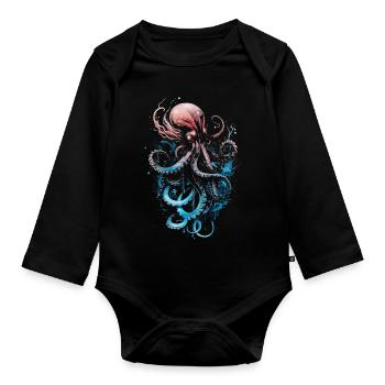 Pink blue octopus on a black background - Organic Longsleeve Baby Bodysuit - black - Front