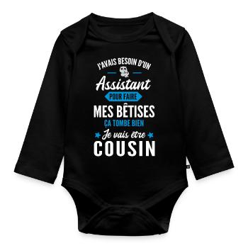 assistant / je vais être cousin / futur cousin - Body Bébé bio manches longues - noir - Devant