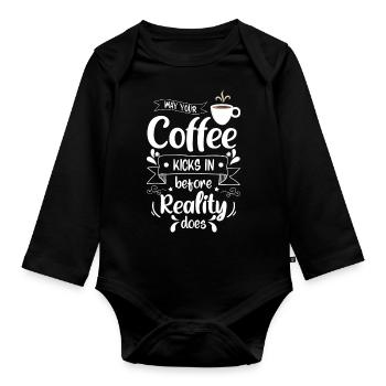 Kaffeebohne Morgenmuffel Müde Kaffeekanne - Baby Bio-Langarm-Body - Schwarz - Vorne