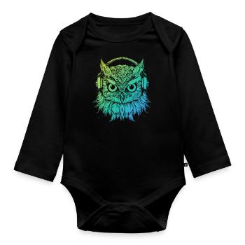 Eule Nachteule Techno Party Tier Kopfhörer DJ Rave - Baby Bio-Langarm-Body - Schwarz - Vorne