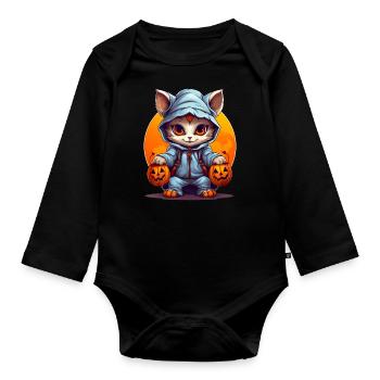Dressed up Halloween cat with jack lanterns - Organic Longsleeve Baby Bodysuit - black - Front