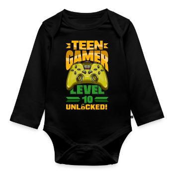 Funny Gamer 10th Birthday Boy Teen Gamer Level 10 - Organic Longsleeve Baby Bodysuit - black - Front