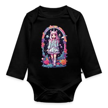 Gothique Kawaii Chibi Licorne Anime eGirl Style - Body Bébé bio manches longues - noir - Devant
