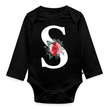 Roter Blumenbuchstabe S - Baby Bio-Langarm-Body - Schwarz - Vorne