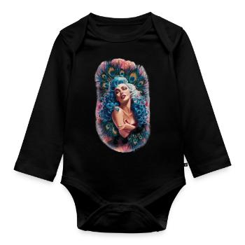 Exotische Fantasie Gefiederter Pfau Kunst - Baby Bio-Langarm-Body - Schwarz - Vorne
