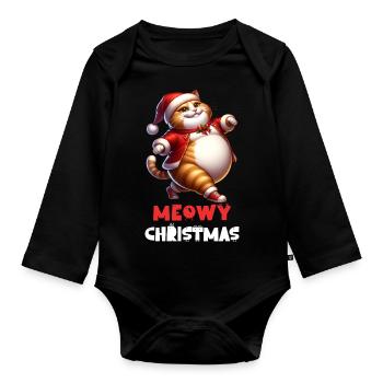 Miaou Noël Drôle Chat Père Noël Chapeau - Body Bébé bio manches longues - noir - Devant