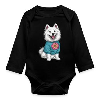Dentelle de style dessin animé Samoyède avec de belles fleurs - Body Bébé bio manches longues - noir - Devant