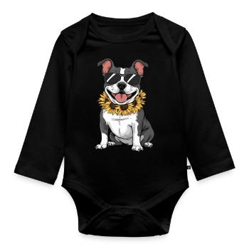 Staffordshire Bull Terrier mit Sonnenblumen - Baby Bio-Langarm-Body - Schwarz - Vorne