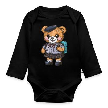 Cute teddy bear with trational school uniform - Organic Longsleeve Baby Bodysuit - black - Front