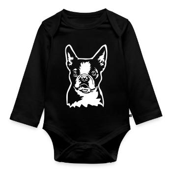 Boston Terrier Kopf "Black Edition" - Baby Bio-Langarm-Body - Schwarz - Vorne