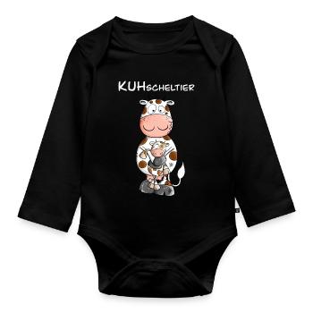 Kuh mit Kuscheltier I KUHscheltier Wortspiel - Baby Bio-Langarm-Body - Schwarz - Vorne