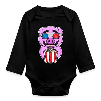 Popcorn Kino Schwein Filme Film Filmabend - Baby Bio-Langarm-Body - Schwarz - Vorne