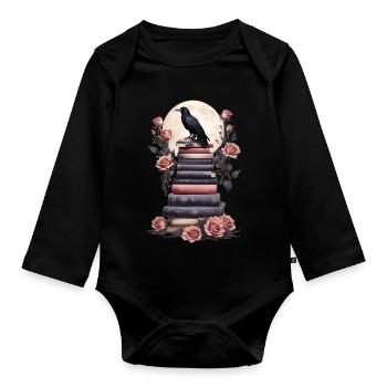 Pile de livres avec corbeau - Body Bébé bio manches longues - noir - Devant