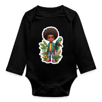 Kind mit Papagei umgeben von tropischer Natur - Baby Bio-Langarm-Body - Schwarz - Vorne