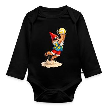 Garden gnome playing beach volleyball in summer - Organic Longsleeve Baby Bodysuit - black - Front