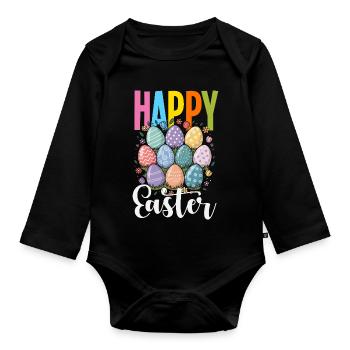 Joyeuse Pâques, douce chasse aux œufs du lapin, œufs de Pâques - Body Bébé bio manches longues - noir - Devant