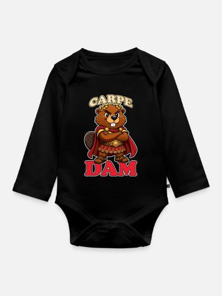 Carpe Dam Funny Roman Beaver Latin Pun History - Organic Longsleeve Baby Bodysuit - black