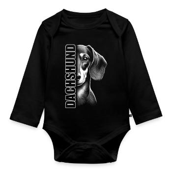 Dackel Porträt mit vertikalem Schriftzug DACHSHUND - Baby Bio-Langarm-Body - Schwarz - Vorne