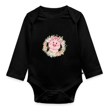 Porc Fleurs - Body Bébé bio manches longues - noir - Devant