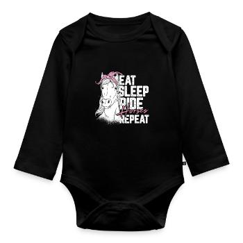 Lustiges Bauerngeschenk essen Schlaf reiten Pferde wiederholen - Baby Bio-Langarm-Body - Schwarz - Vorne