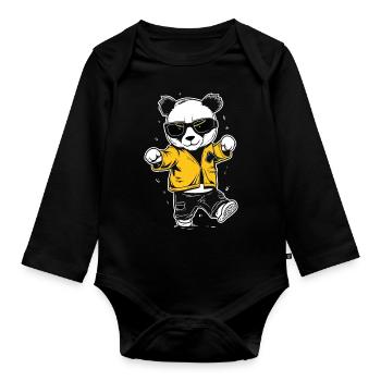 Dancing Panda Bear - Organic Longsleeve Baby Bodysuit - black - Front