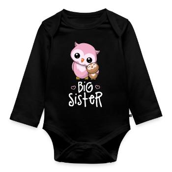 Big Sister - Große Schwester Geschwister Eulen - Baby Bio-Langarm-Body - Schwarz - Vorne
