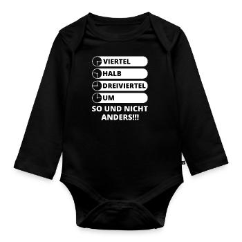 Ostdeutsche Uhrzeit Viertel Halb Dreiviertel Um - Baby Bio-Langarm-Body - Schwarz - Vorne
