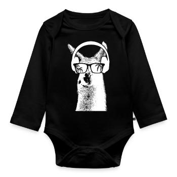 Lama Tierliebhaber Kopfhörer Sonnenbrille Naturfan - Baby Bio-Langarm-Body - Schwarz - Vorne