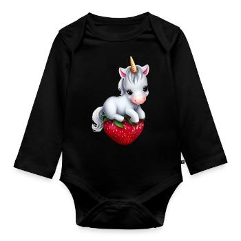 Unicorn on strawberry - Organic Longsleeve Baby Bodysuit - black - Front