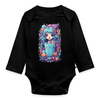 Gothic Kawaii Anime Milkshake Girl Süßigkeiten - Baby Bio-Langarm-Body - Schwarz - Vorne