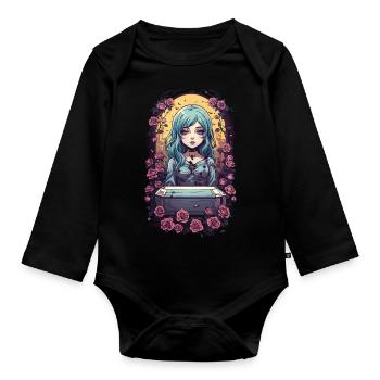 Gothic Anime Kawaii Girl with Roses Victorian - Organic Longsleeve Baby Bodysuit - black - Front