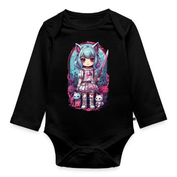 Kawaii samouraï chat fille Anime Otaku Design - Body Bébé bio manches longues - noir - Devant