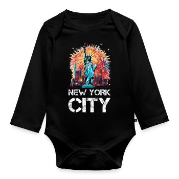 Happy New Year with fireworks in New York - Organic Longsleeve Baby Bodysuit - black - Front