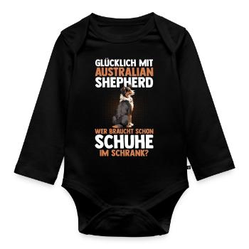Australian Shepherd Hund Aussie - Baby Bio-Langarm-Body - Schwarz - Vorne