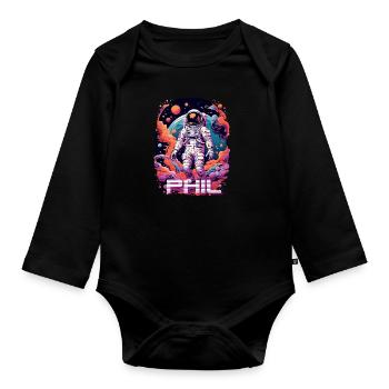 PHIL - Beautiful boy name with cool astronaut - Organic Longsleeve Baby Bodysuit - black - Front