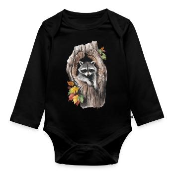 Niedlicher Waschbär in hohlem Baum für einen - Baby Bio-Langarm-Body - Schwarz - Vorne