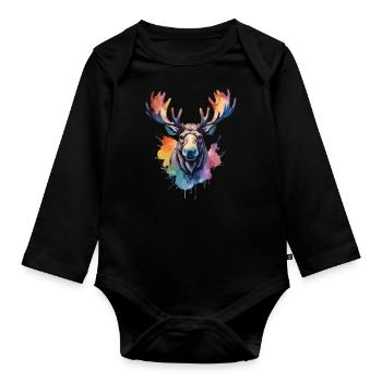 Moose Cool King of the Forest Watercolors - Organic Longsleeve Baby Bodysuit - black - Front