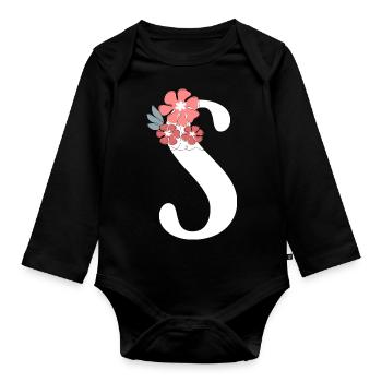 Lettre S fleurs minimalistes - Body Bébé bio manches longues - noir - Devant