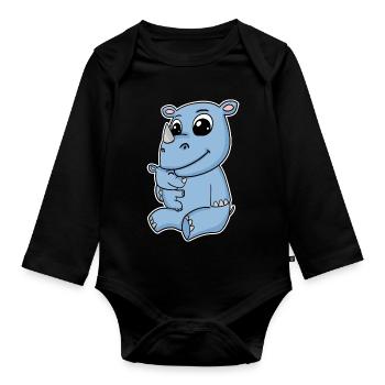 Nashorn Familie - Nashorn mit Baby - Nashorn Motiv - Baby Bio-Langarm-Body - Schwarz - Vorne