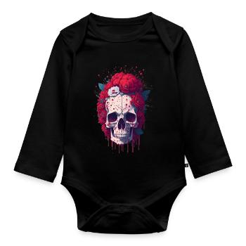 Totenkopf mit roten Blumen - Baby Bio-Langarm-Body - Schwarz - Vorne