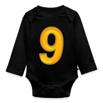Number 9 - Nine - 9 motif in yellow - Organic Longsleeve Baby Bodysuit - black - Front