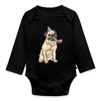 Mops Geburtstag Tröte - Baby Bio-Langarm-Body - Schwarz - Vorne